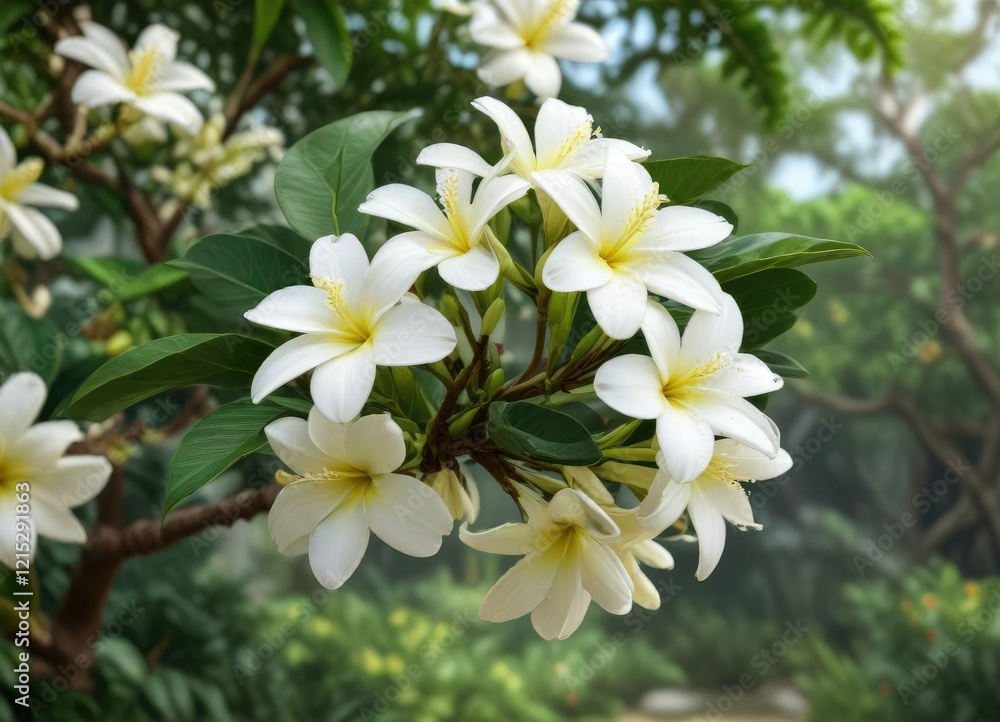 Fototapeta premium Delicate white frangipani flowers on green tree branch, floral cluster, beauty
