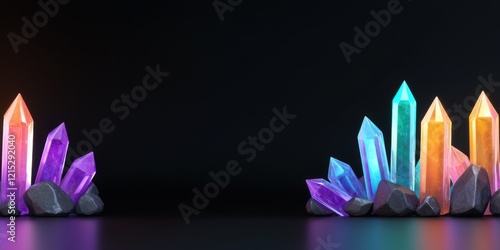 Vibrant crystal formation display studio setup visual art dark background close-up view gemstone aesthetics