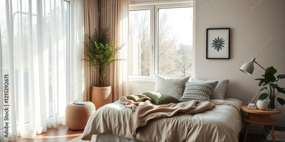 Cozy reading nook in a modern bedroom with plenty of natural light, side table, reading nook Cozy reading nook in a modern bedroom with plenty of natural light, side table, reading nook