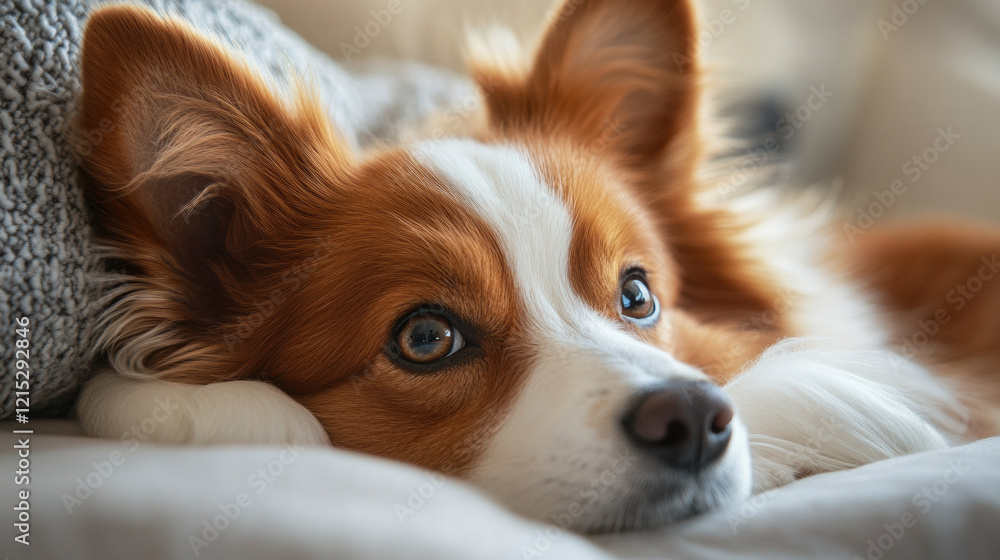 Adorable dog with expressive brown eyes and fluffy red-and-white fur, resting peacefully on a soft surface, exuding a calm and gentle demeanor Adorable dog with expressive brown eyes and fluffy red-and-white fur, resting peacefully on a soft surface, exuding a calm and gentle demeanor