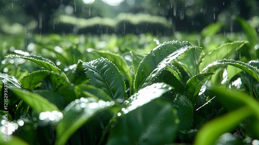 Green tea leaves, ancient style scene, central composition, tea garden environment, elegant color tones Green tea leaves, ancient style scene, central composition, tea garden environment, elegant color tones