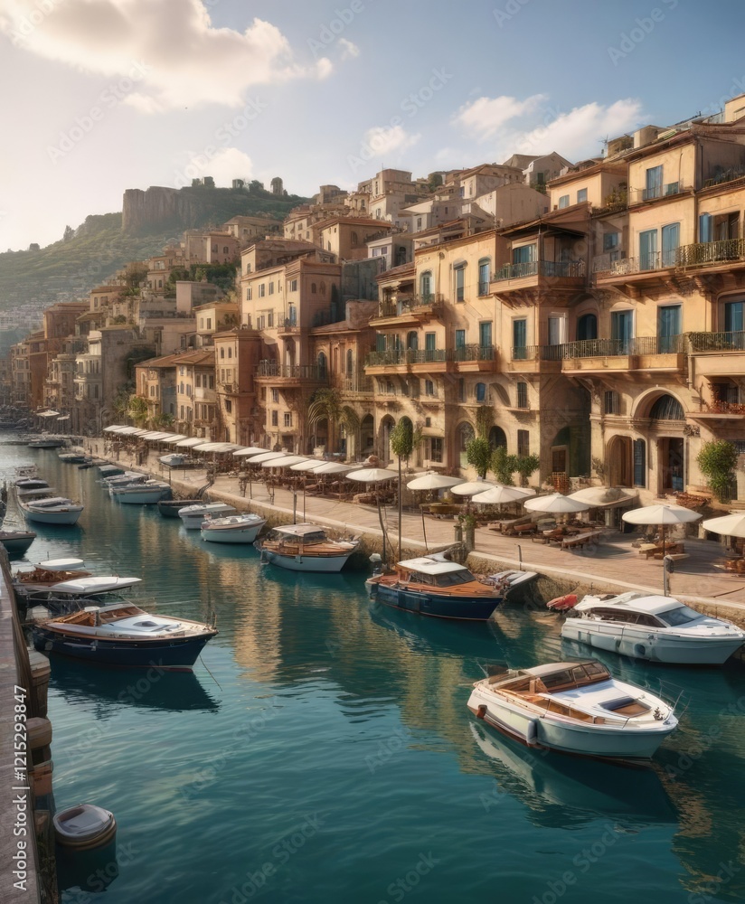 Elegant yachts docked in a charming Sicilian town with ancient terracotta rooftops and a beautiful harbour, boats, Mediterranean Elegant yachts docked in a charming Sicilian town with ancient terracotta rooftops and a beautiful harbour, boats, Mediterranean