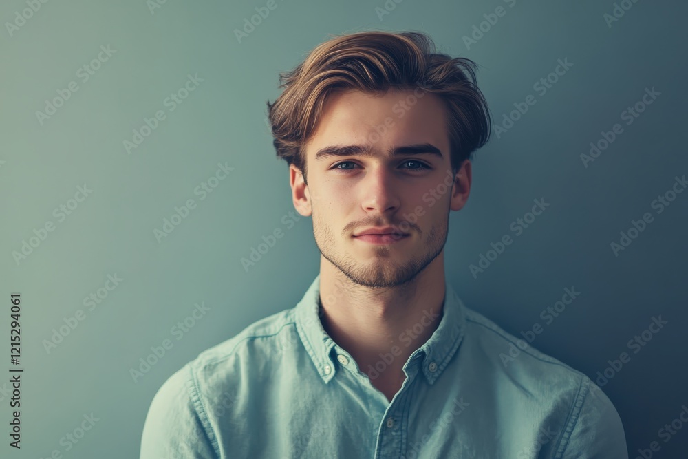 Portrait of a Young Man with Stylish Hair and Confident Expression Against a Soft Background Portrait of a Young Man with Stylish Hair and Confident Expression Against a Soft Background