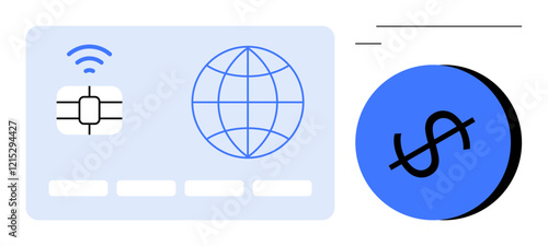 Digital chip card with wireless signal, globe, and a dollar sign in blue. Ideal for concepts of digital payments, online transactions, global economy, banking security, e-commerce, financial