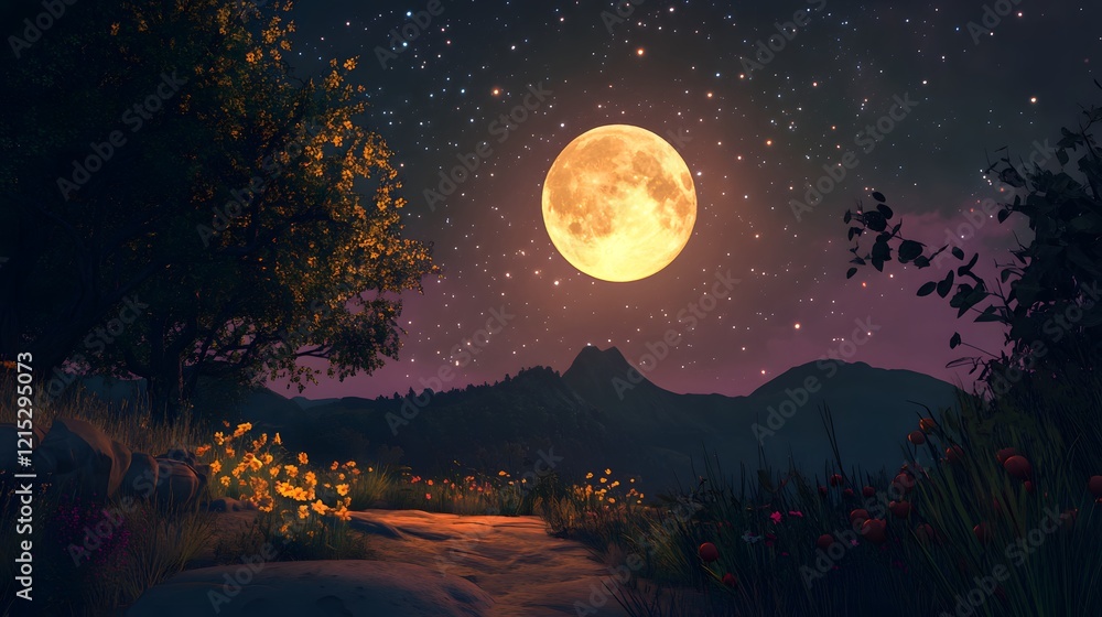 Naklejka premium Serene Night Scene With Full Moon Over Mountains And Flowers