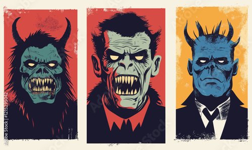 Minimalist Halloween Monster Portraits in Flat Vector Style for Horror Design