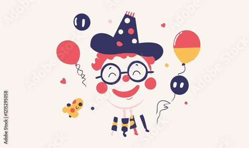 April Fools Day Clown Vector with Balloons and Toys in Minimalist Style