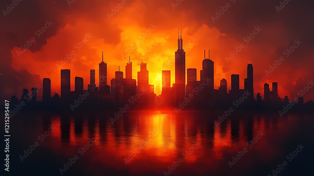 Obraz premium Fiery sunset over city skyline reflected in water