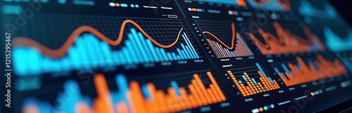 Colorful dashboard displays tech data analytics graphs, charts showing business, finance sector usage trends. Dynamic graphs show insights into tech usage, revenue growth. Dashboard represents tech