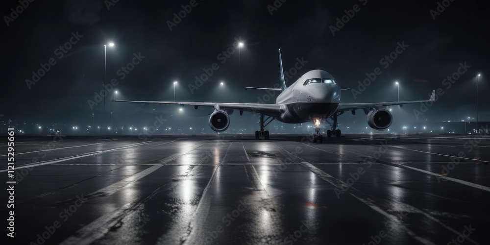Fototapeta premium Dark runway at night with a large jetliner parked on the ground, parked, dark