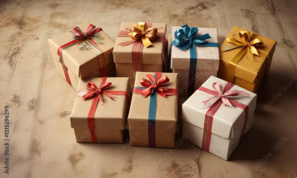 Decorated gift boxes on a rustic paper background, gift boxes, present box Decorated gift boxes on a rustic paper background, gift boxes, present box