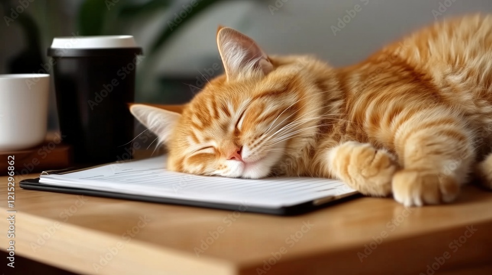 orange tabby cat rests peacefully on an open notebook, surrounded by a coffee cup and a serene indoor workspace, creating a warm, relaxed atmosphere for productivity and comfort orange tabby cat rests peacefully on an open notebook, surrounded by a coffee cup and a serene indoor workspace, creating a warm, relaxed atmosphere for productivity and comfort