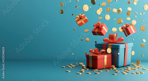 Floating gift boxes with coins and stars on a vibrant blue background