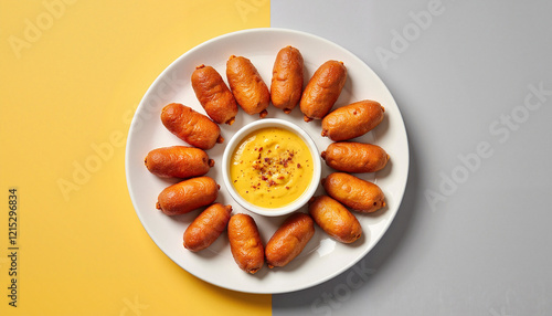 Mini corn dogs arranged artistically with mustard sauce, playful gourmet photo