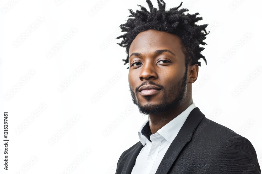 Confident Young Man in Business Attire with Natural Hair Against a White Background Confident Young Man in Business Attire with Natural Hair Against a White Background