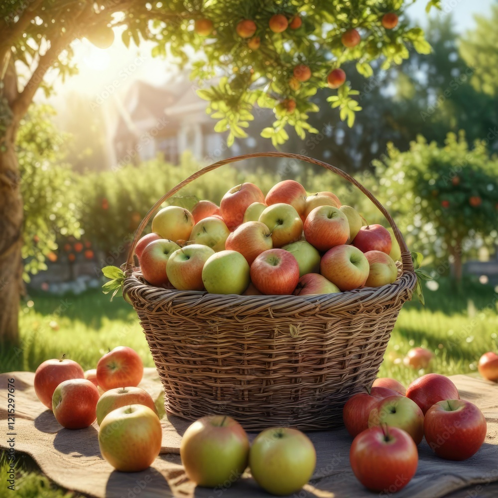 Delicate watercolor artistry showing a basket of apples in a flourishing garden under the basking sun, agricultural, delicate, basking Delicate watercolor artistry showing a basket of apples in a flourishing garden under the basking sun, agricultural, delicate, basking