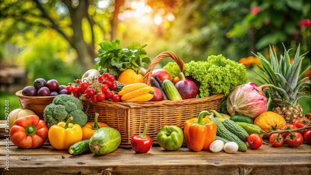 Freshly harvested vegetables and fruits arranged on a wooden table in a garden setting, fruit salad, vegetable garden, natural ambiance Freshly harvested vegetables and fruits arranged on a wooden table in a garden setting, fruit salad, vegetable garden, natural ambiance