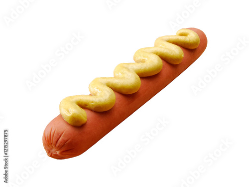 Sausage with mustard isolated on transparent layered background.