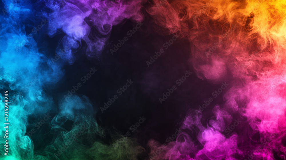 Colorful jets of rainbow steam spreading dynamically on a dark black background, vibrant and abstract, detailed misty texture, vivid color gradients transitioning seamlessly Colorful jets of rainbow steam spreading dynamically on a dark black background, vibrant and abstract, detailed misty texture, vivid color gradients transitioning seamlessly