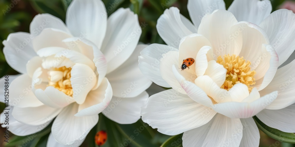 delicate white peonies flowers with a ladybird in the petals, gentle charm, floral close-up delicate white peonies flowers with a ladybird in the petals, gentle charm, floral close-up