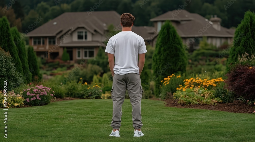 person in a white shirt and gray pants stands calmly in a lush garden, gazing out at elegant houses and vibrant flowers in a tranquil neighborhood during late afternoon person in a white shirt and gray pants stands calmly in a lush garden, gazing out at elegant houses and vibrant flowers in a tranquil neighborhood during late afternoon