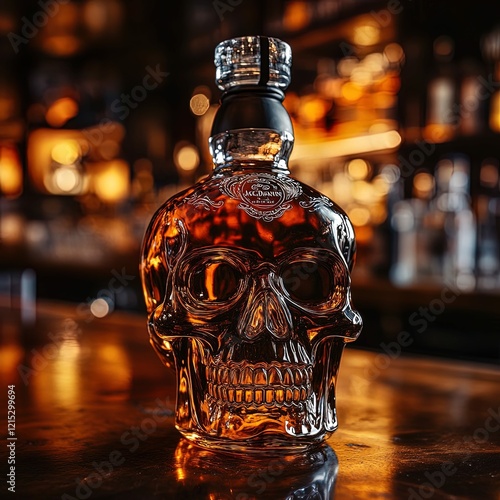 A Jack Daniel's whiskey bottle shaped like a skull, product photography, background of a bar with bottles behind the bottle