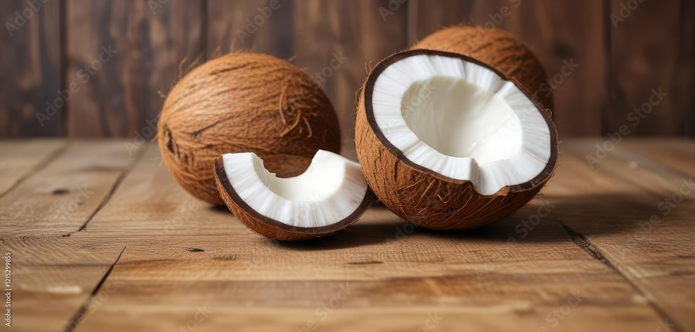 Coconut cut in half lying on a wooden surface, nature, brown Coconut cut in half lying on a wooden surface, nature, brown