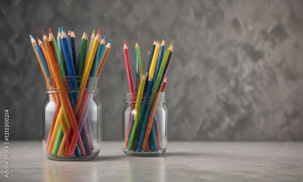 Colored pencils in a glass jar with a studio background, stationery collection, painter tools, glass container Colored pencils in a glass jar with a studio background, stationery collection, painter tools, glass container
