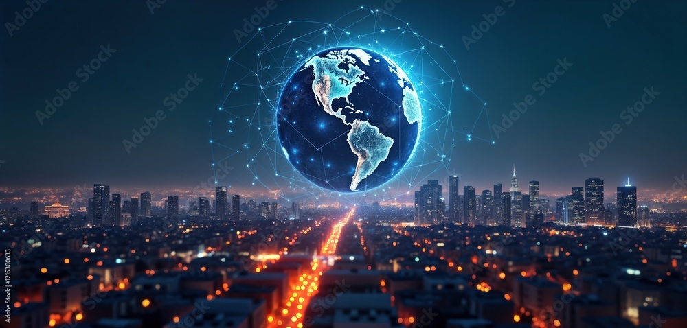 Obraz premium Global network concept at night. Digital earth image overlaid on city skyline. City lights show global connectivity. Abstract illustration shows global business connections. Modern tech, global