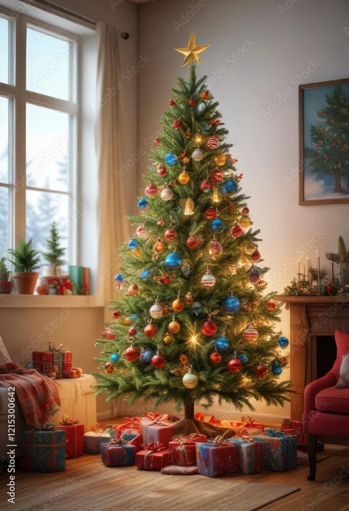 Colorful and lively Christmas tree in a bright and airy room filled with natural light, evergreen, holiday, gold Colorful and lively Christmas tree in a bright and airy room filled with natural light, evergreen, holiday, gold