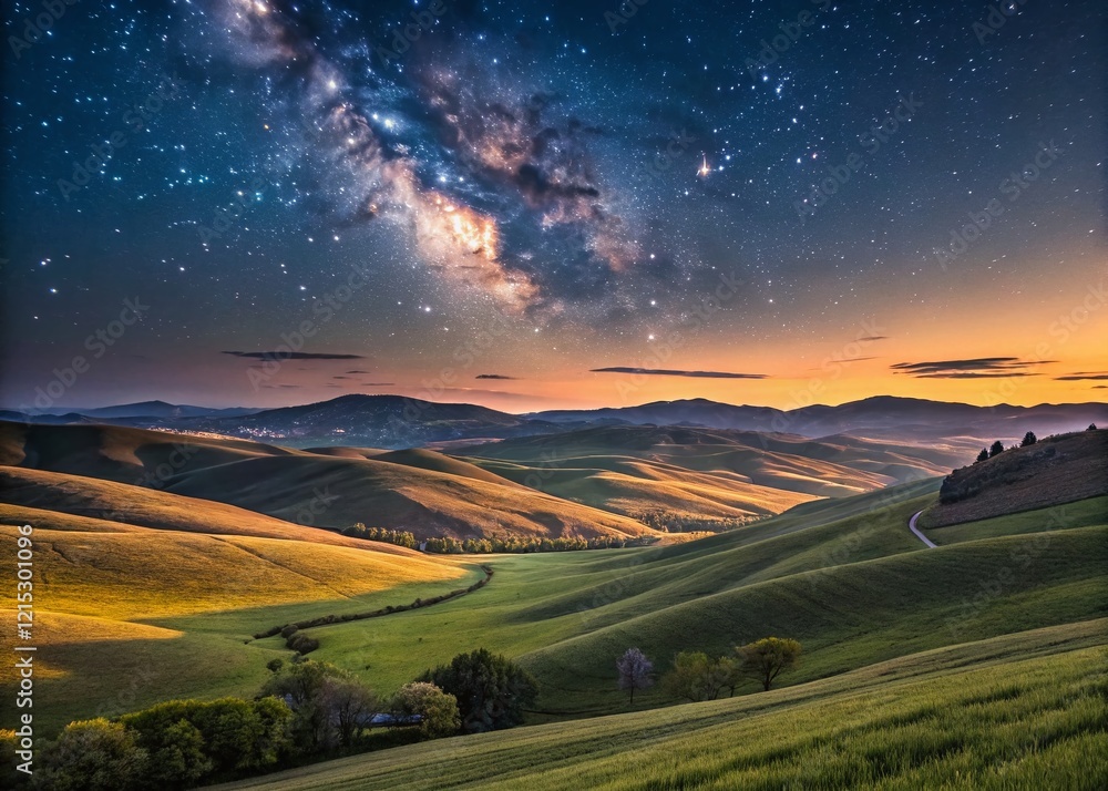 Majestic Sunset Landscape: Day Meets Night, Serene Twilight Sky Over Rolling Hills Majestic Sunset Landscape: Day Meets Night, Serene Twilight Sky Over Rolling Hills