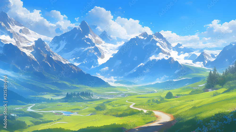Fototapeta premium Magnificent snow-capped mountains and verdant grasslands