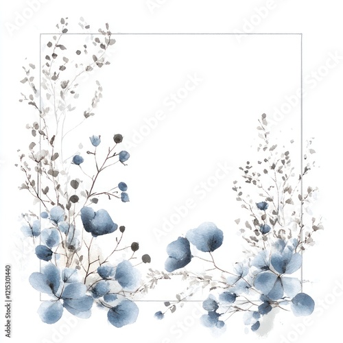 Fototapeta Naklejka Na Ścianę i Meble -  Watercolor floral frame with blue flowers and branches