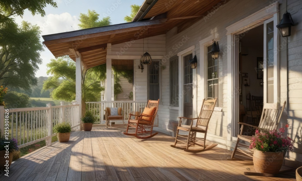 Fototapeta premium Farmhouse with large porch and rocking chair on the balcony, , rocking chair, garden