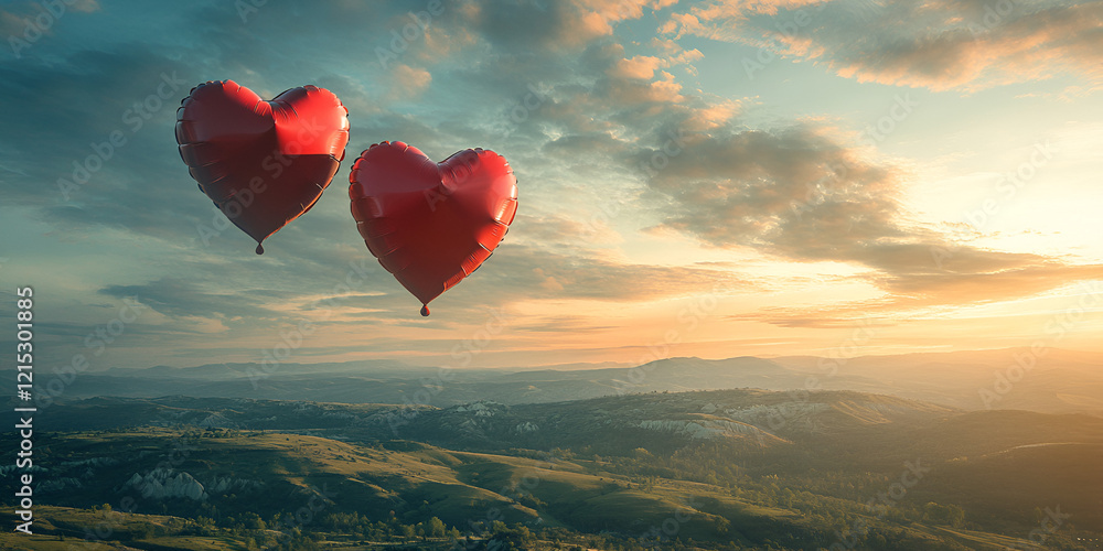 Fototapeta premium Floating Heart-Shaped Balloons Over a Scenic Landscape