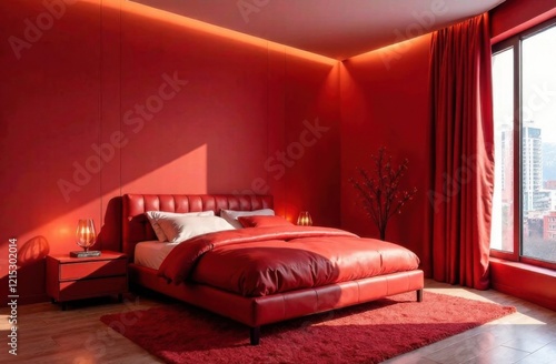 Modern bedroom with a red leather bed, matching rug, warm lighting, and large windows, creating a bold and luxurious atmosphere