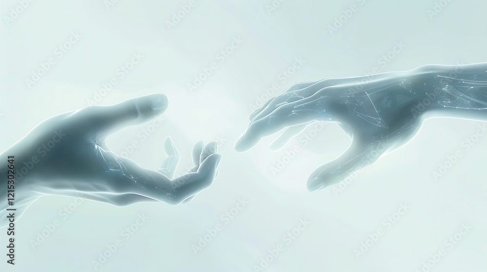 Fototapeta premium Two translucent hands reaching towards each other in a digital space