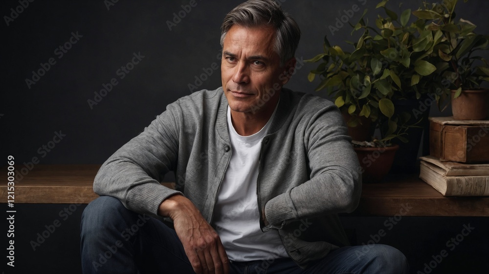 Image is a candid photograph featuring a middle-aged man sitting indoors. He has a medium skin tone and short dark hair. His facial expression is relaxed, with a slight smile, and he is looking direct Image is a candid photograph featuring a middle-aged man sitting indoors. He has a medium skin tone and short dark hair. His facial expression is relaxed, with a slight smile, and he is looking direct