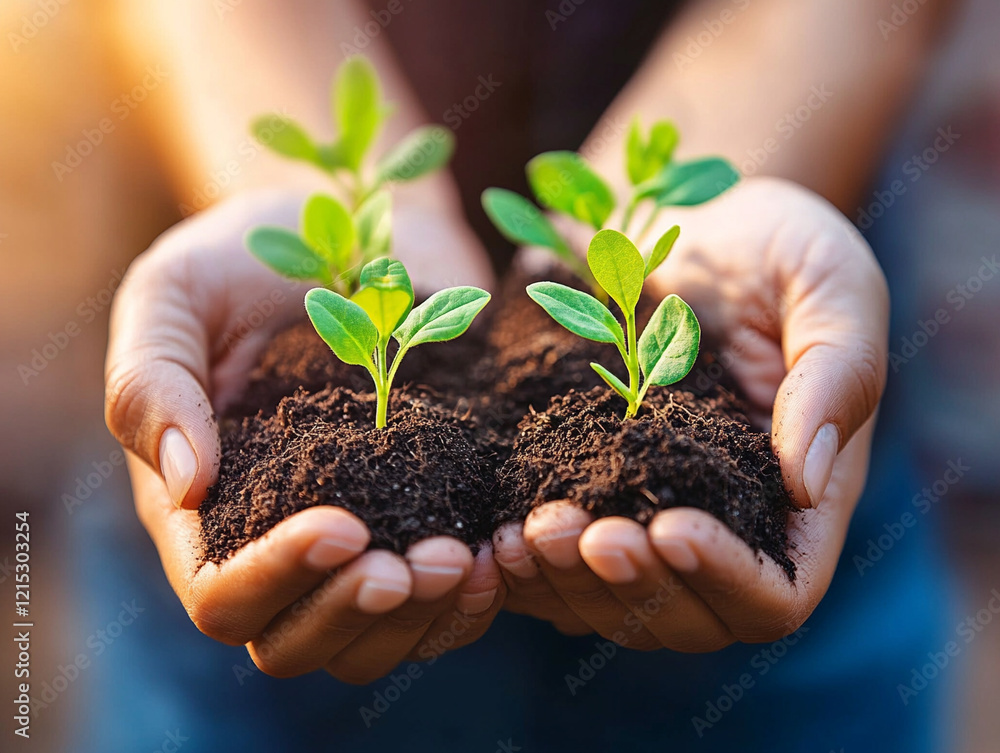 Hands holding young plants in rich soil during daylight Hands holding young plants in rich soil during daylight