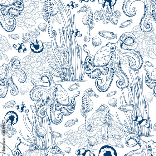 Seamless pattern with octopus, seaweeds and tropical fish. Underwater scenery. Hand drawn vector illustration on white background.