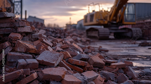 At a construction site, a large pile of bricks is scattered across the ground, while construction equipment works in the background under a sunset sky. photo