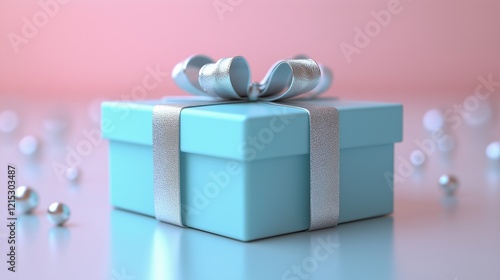 Pastel blue gift box tied with a ribbon and bow.