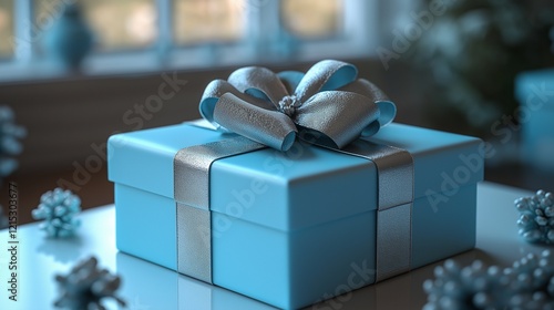 Pastel blue gift box tied with a ribbon and bow.