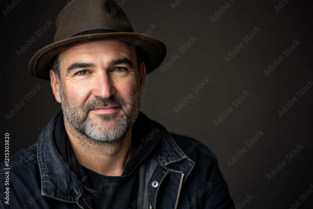 Confident Middle-Aged Man with Beard and Hat Posing Against Dark Background Confident Middle-Aged Man with Beard and Hat Posing Against Dark Background