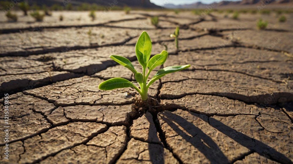 Small green plant growing through cracked, parched ground