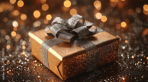 A gift box in a shiny gold color, tied with a ribbon and a bow.