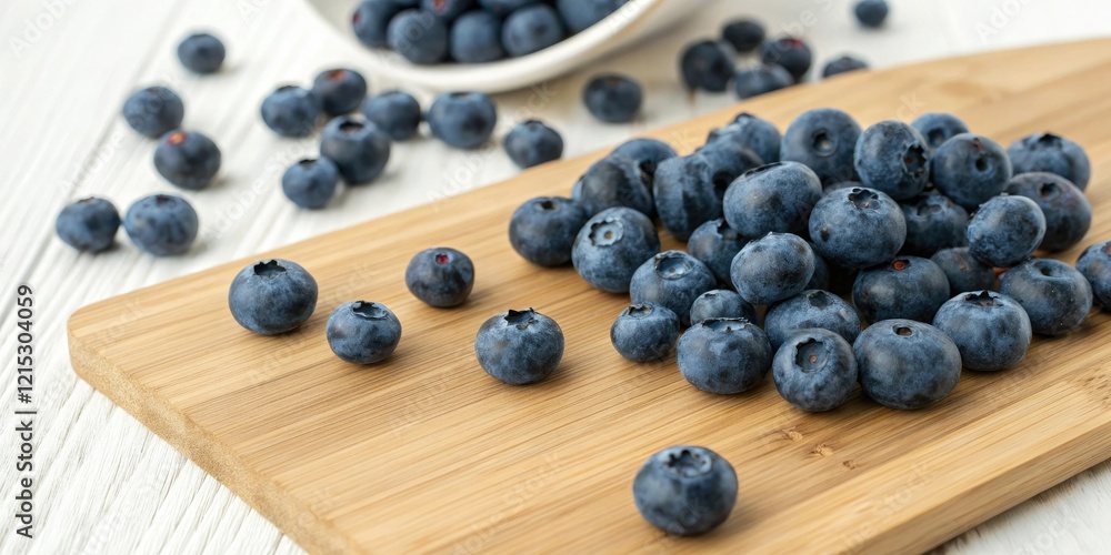 Fresh blueberries scattered on a wooden cutting board, natural, purple color, blueberries Fresh blueberries scattered on a wooden cutting board, natural, purple color, blueberries
