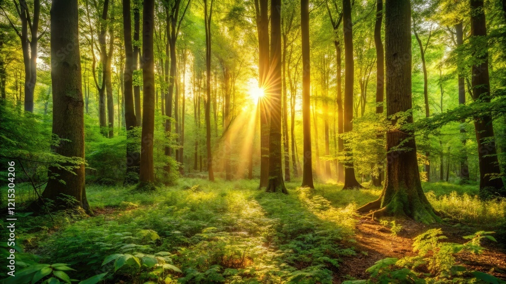 Fototapeta premium Dense foliage with sunlight filtering through trees creating a warm glow on the forest floor, tree canopy, dense foliage