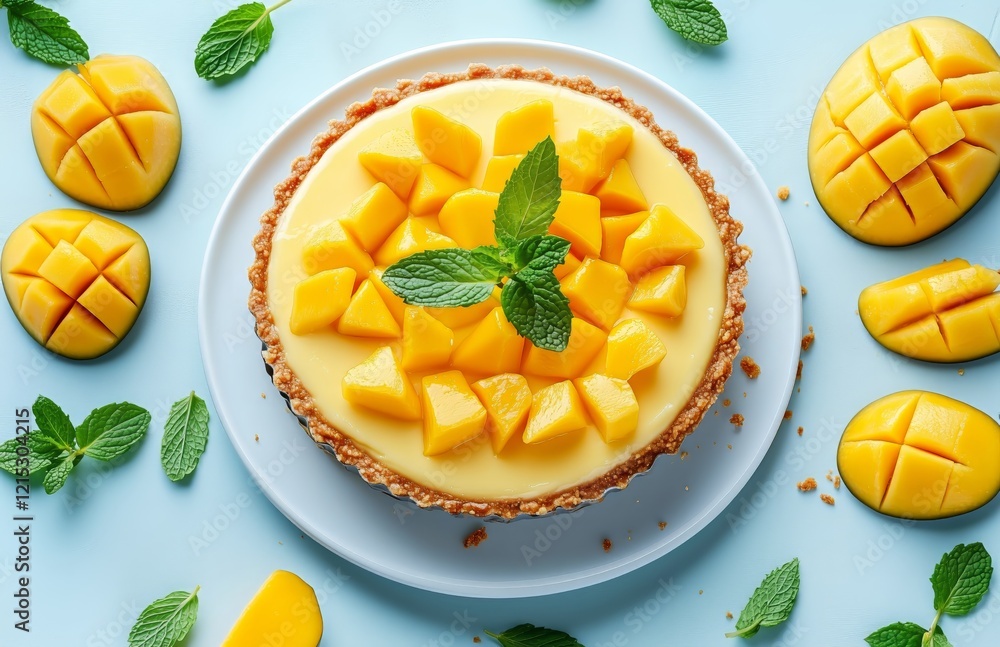 Mango tart adorned with fresh mango pieces and mint leaves on a blue background Mango tart adorned with fresh mango pieces and mint leaves on a blue background