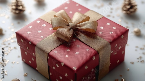 Red gift box tied with a ribbon and a bow.